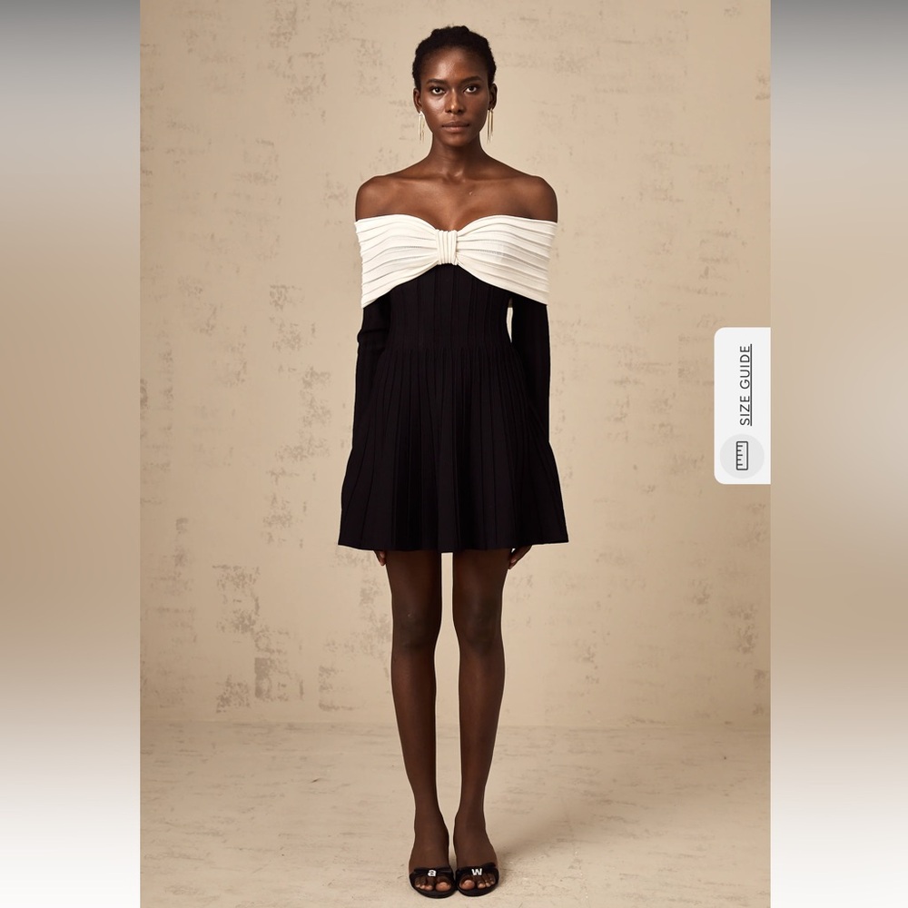 Balmain style black off-shoulder bow knit mini dress - Size L runs small like M